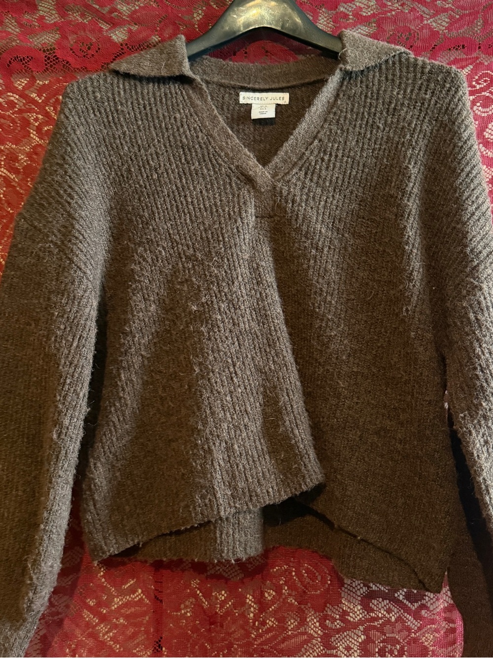 Sincerely Jules Brown Knit V-Neck Collared Sweater - Size Small